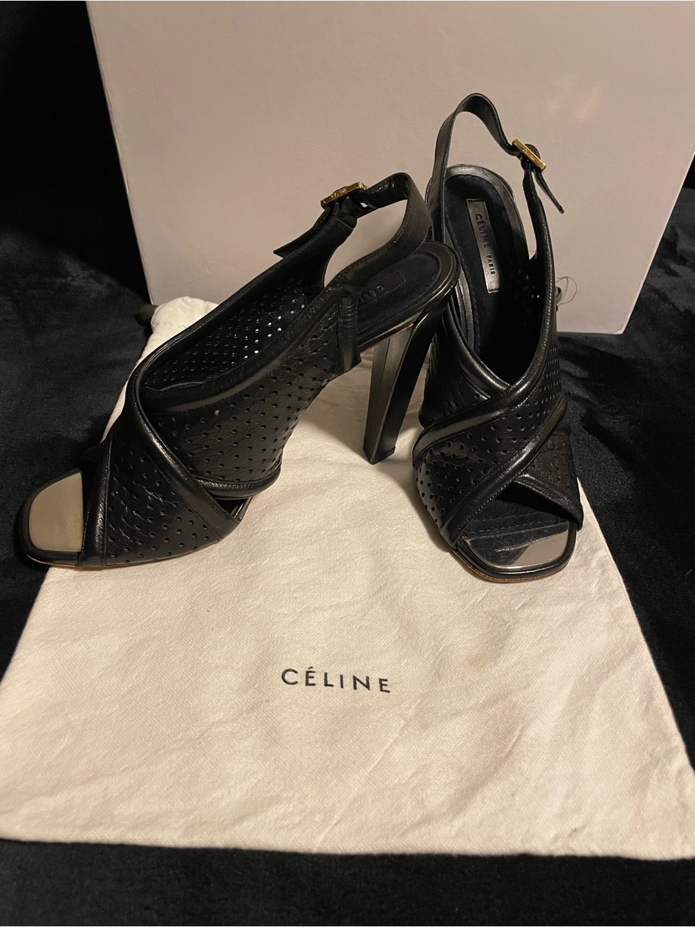 Authentic Celine Black Perforated high quality leather Slingback Heels w/ Buckle